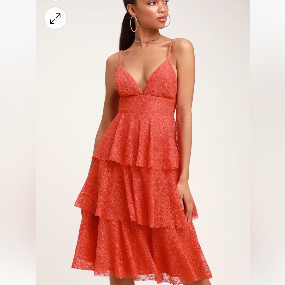 Endless Romance Coral Orange Lace Ruffled Midi Dress NWT
